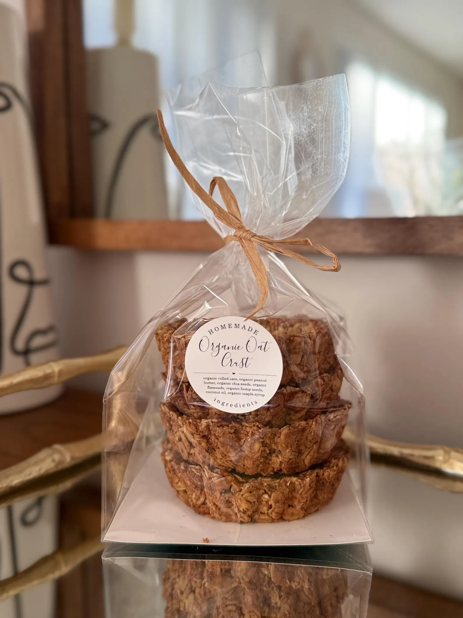 Homemade Organic Oat Crust beautifully packaged